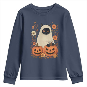 Vintage Halloween Ghost Cat Youth Sweatshirt Groovy Floral Cute Black Cat Ghost Fall Pumpkin TS10 Navy Print Your Wear