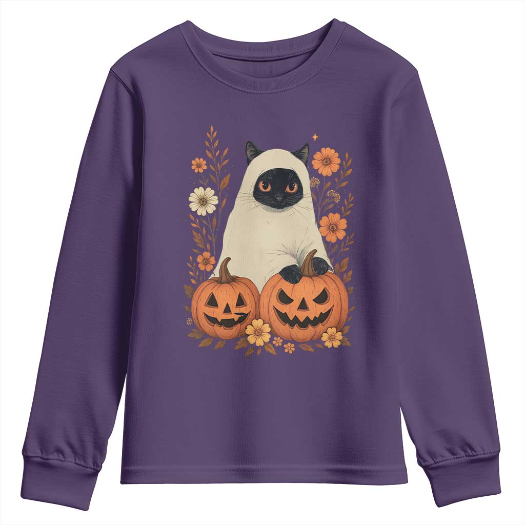 Vintage Halloween Ghost Cat Youth Sweatshirt Groovy Floral Cute Black Cat Ghost Fall Pumpkin TS10 Purple Print Your Wear