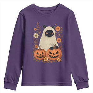 Vintage Halloween Ghost Cat Youth Sweatshirt Groovy Floral Cute Black Cat Ghost Fall Pumpkin TS10 Purple Print Your Wear