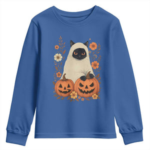 Vintage Halloween Ghost Cat Youth Sweatshirt Groovy Floral Cute Black Cat Ghost Fall Pumpkin TS10 Royal Blue Print Your Wear