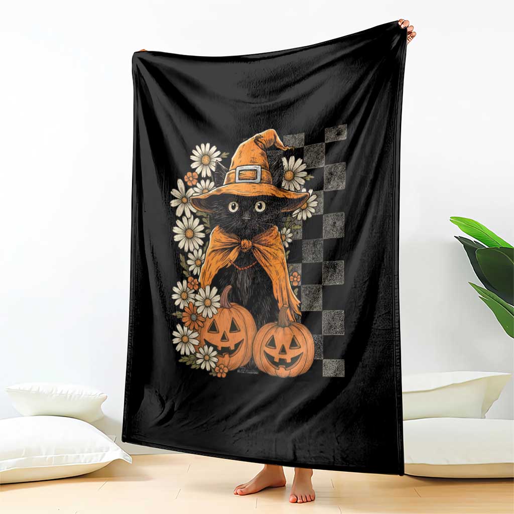 Boho Cat Wild Flowers Throw Blanket Vintage Autumn Cozy Black Cat Pumpkin Halloween TS10 Print Your Wear
