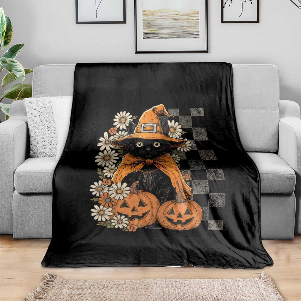 Boho Cat Wild Flowers Throw Blanket Vintage Autumn Cozy Black Cat Pumpkin Halloween TS10 Print Your Wear