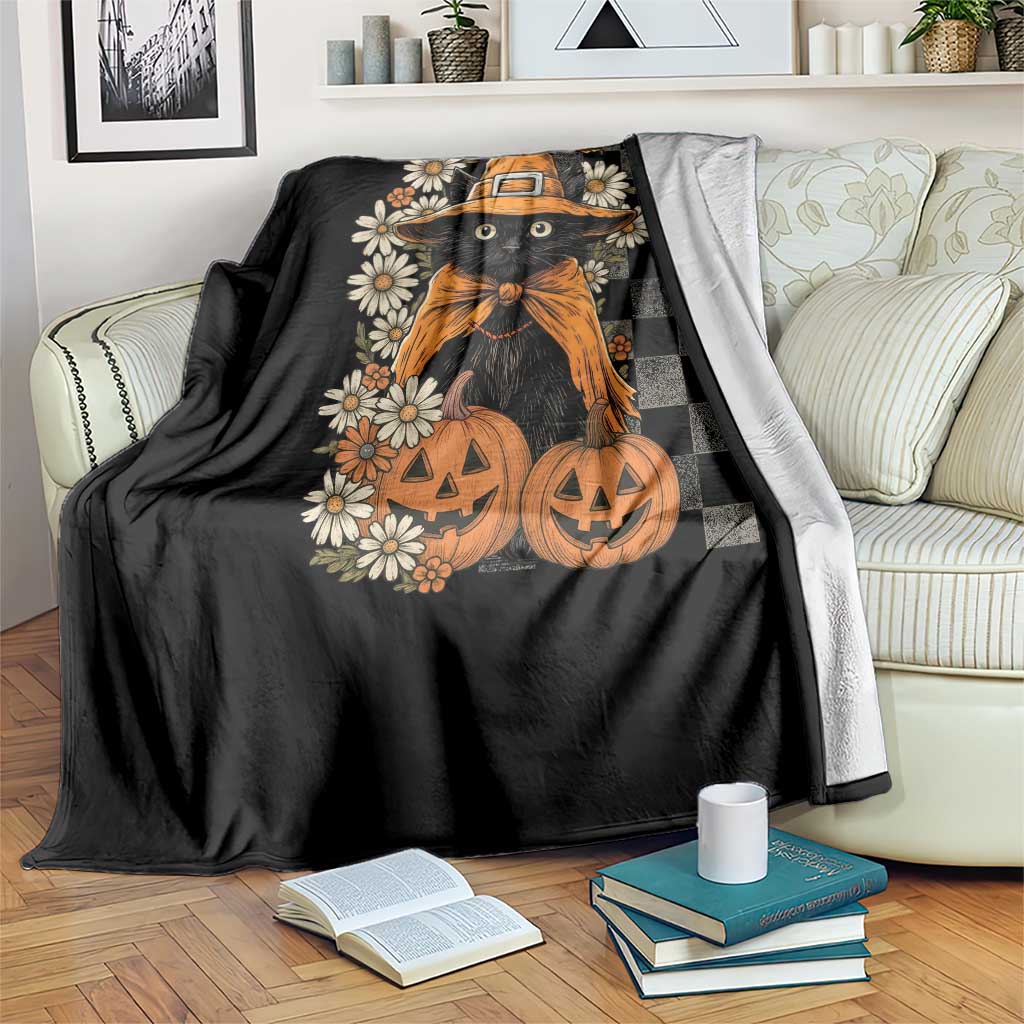 Boho Cat Wild Flowers Throw Blanket Vintage Autumn Cozy Black Cat Pumpkin Halloween TS10 Print Your Wear