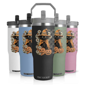 Boho Cat Wild Flowers Flip Straw Tumbler Vintage Autumn Cozy Black Cat Pumpkin Halloween TS10 Print Your Wear
