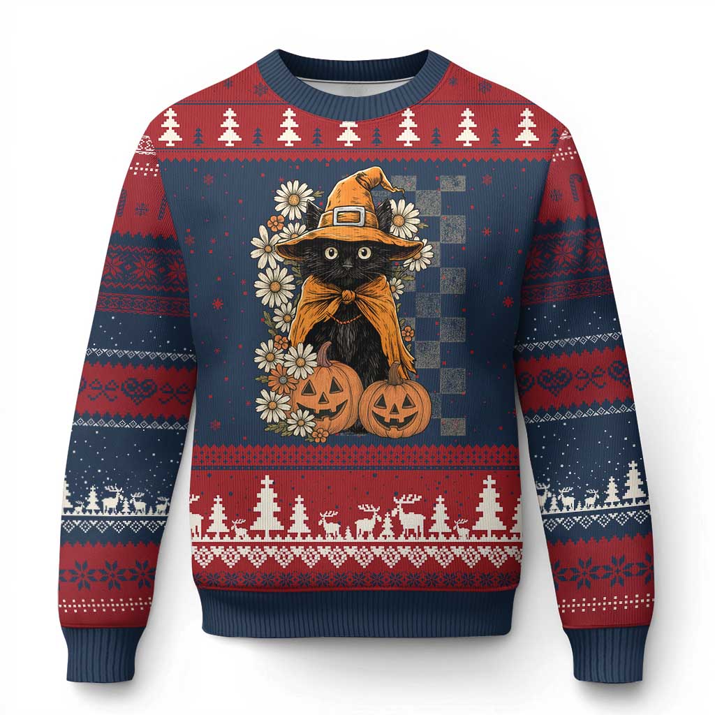 Boho Cat Wild Flowers Ugly Christmas Sweater Vintage Autumn Cozy Black Cat Pumpkin Halloween TS10 Navy Red Print Your Wear