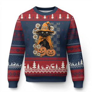 Boho Cat Wild Flowers Ugly Christmas Sweater Vintage Autumn Cozy Black Cat Pumpkin Halloween TS10 Navy Red Print Your Wear