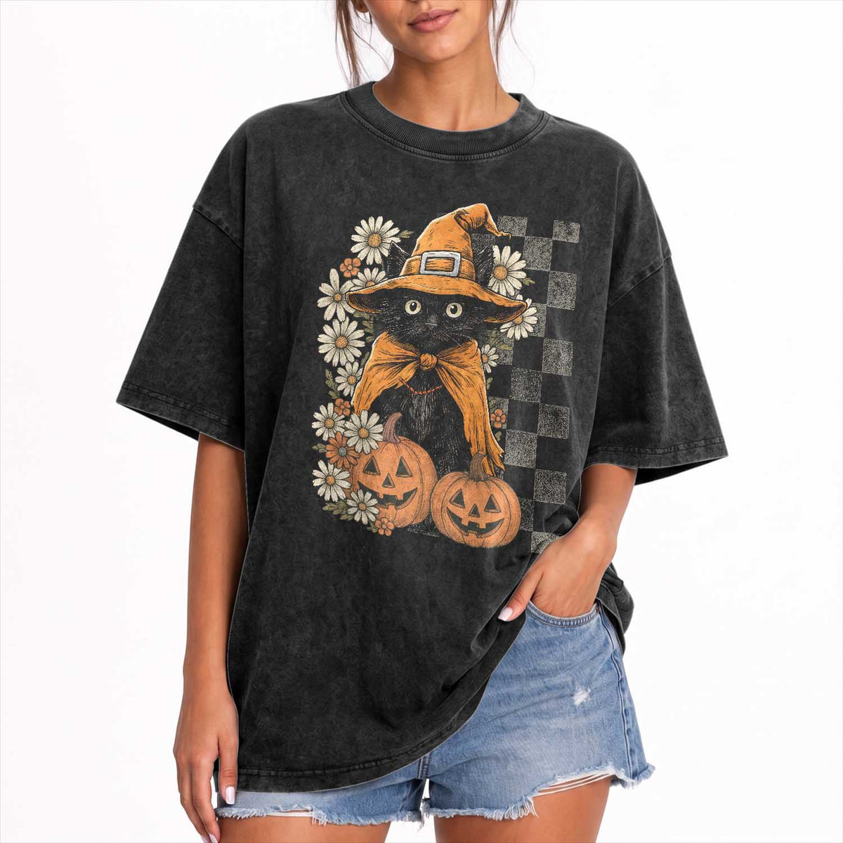Boho Cat Wild Flowers Washed Cotton T-Shirt Vintage Autumn Cozy Black Cat Pumpkin Halloween