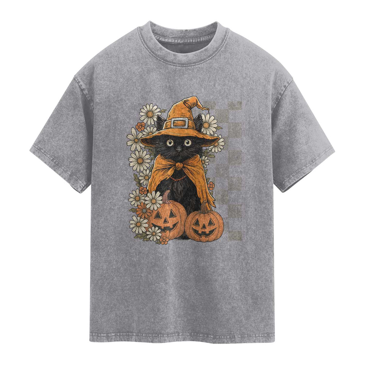 Boho Cat Wild Flowers Washed Cotton T-Shirt Vintage Autumn Cozy Black Cat Pumpkin Halloween