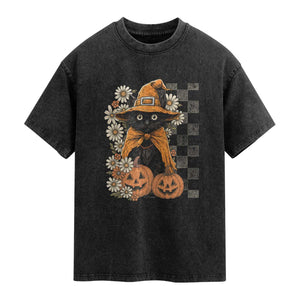 Boho Cat Wild Flowers Washed Cotton T-Shirt Vintage Autumn Cozy Black Cat Pumpkin Halloween