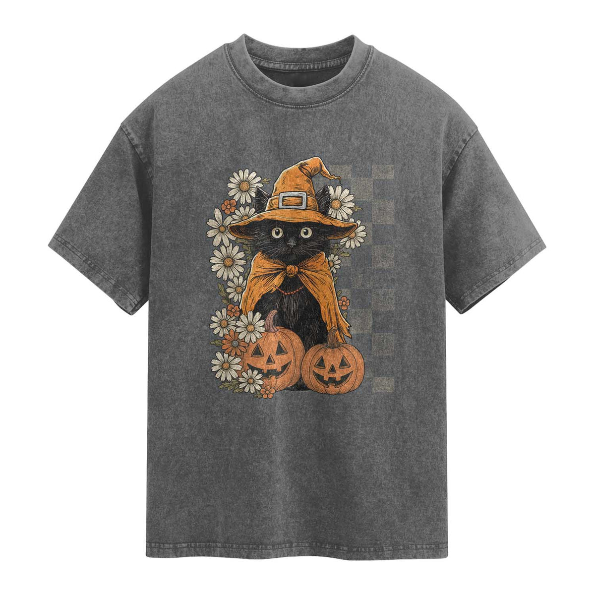 Boho Cat Wild Flowers Washed Cotton T-Shirt Vintage Autumn Cozy Black Cat Pumpkin Halloween