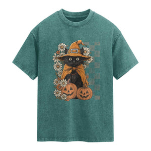 Boho Cat Wild Flowers Washed Cotton T-Shirt Vintage Autumn Cozy Black Cat Pumpkin Halloween