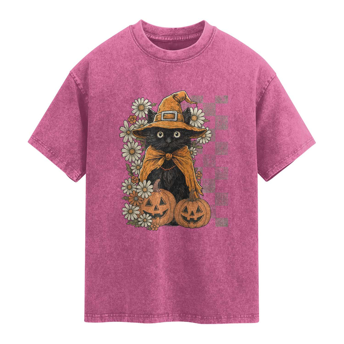Boho Cat Wild Flowers Washed Cotton T-Shirt Vintage Autumn Cozy Black Cat Pumpkin Halloween