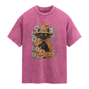 Boho Cat Wild Flowers Washed Cotton T-Shirt Vintage Autumn Cozy Black Cat Pumpkin Halloween