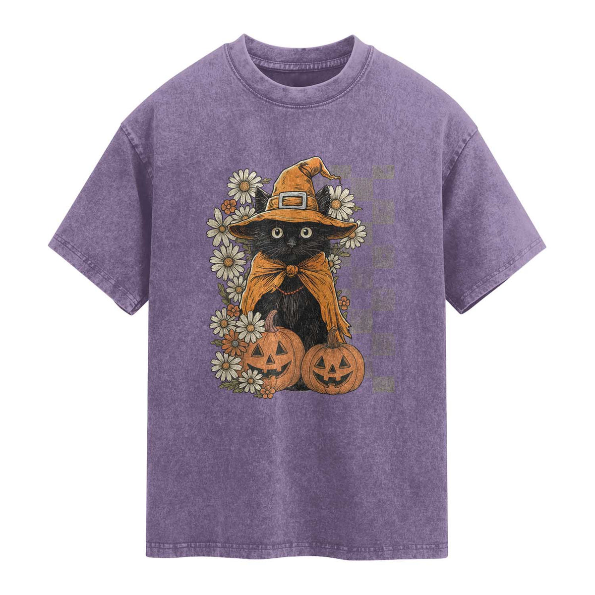 Boho Cat Wild Flowers Washed Cotton T-Shirt Vintage Autumn Cozy Black Cat Pumpkin Halloween