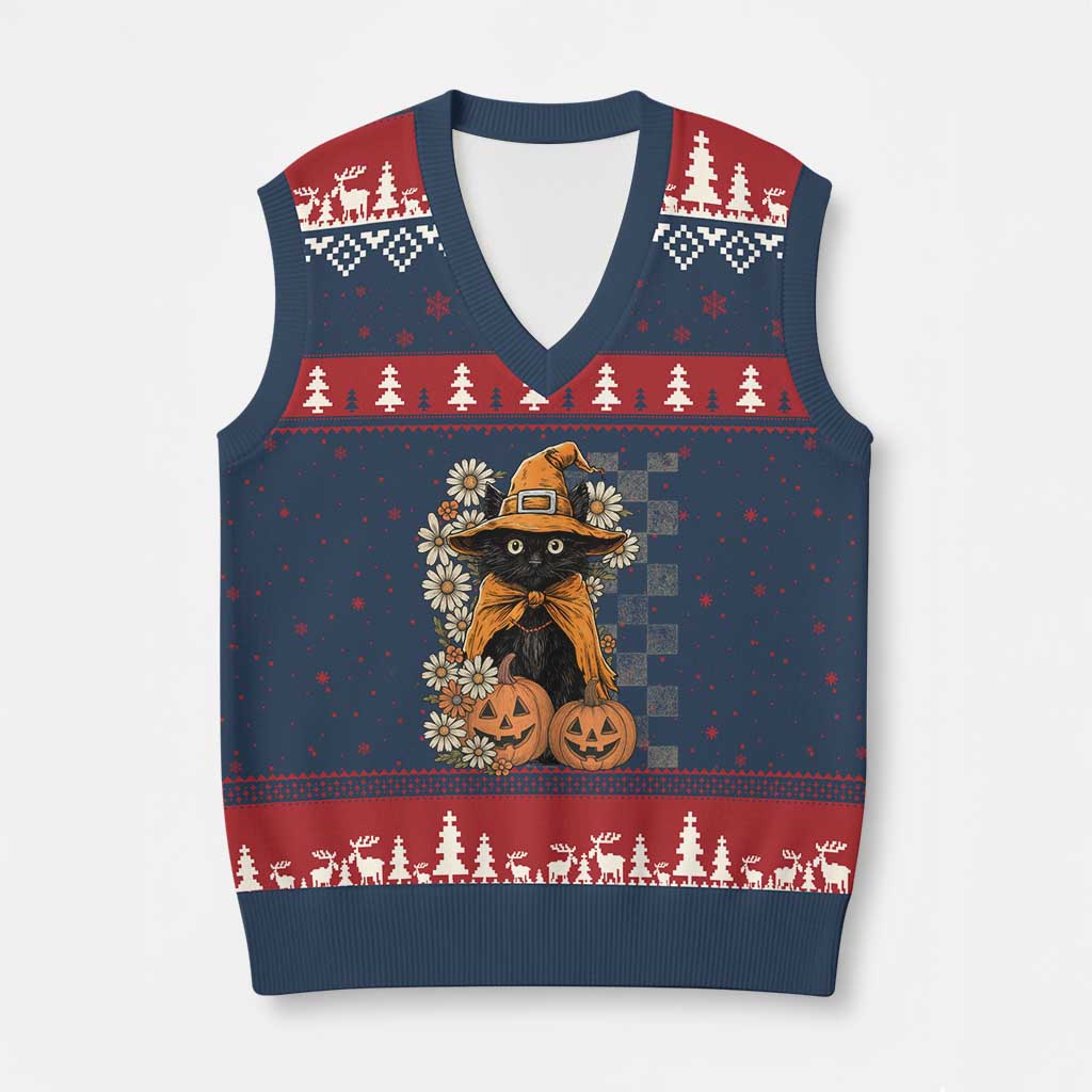 Boho Cat Wild Flowers V-Neck Knit Sweater Vest Vintage Autumn Cozy Black Cat Pumpkin Halloween TS10 Navy Red Print Your Wear