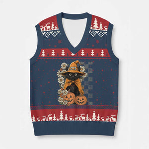 Boho Cat Wild Flowers V-Neck Knit Sweater Vest Vintage Autumn Cozy Black Cat Pumpkin Halloween TS10 Navy Red Print Your Wear
