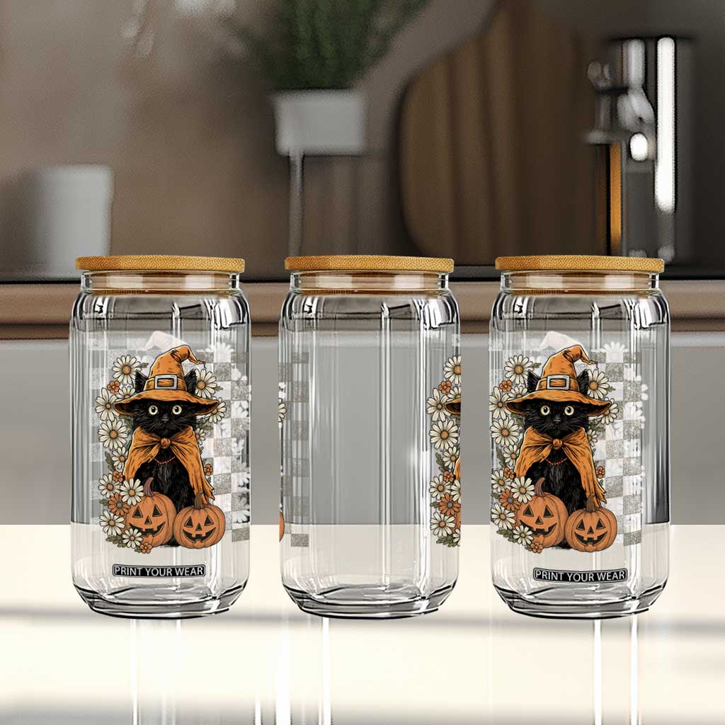 Boho Cat Wild Flowers Glass Can Vintage Autumn Cozy Black Cat Pumpkin Halloween TS10 Print Your Wear