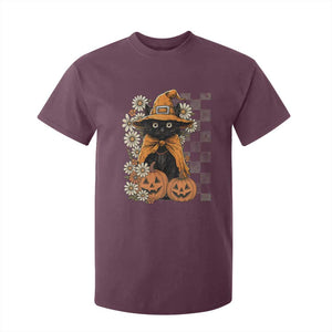 Boho Cat Wild Flowers T Shirt For Kid Vintage Autumn Cozy Black Cat Pumpkin Halloween TS10 Maroon Print Your Wear