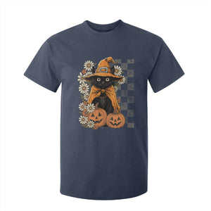 Boho Cat Wild Flowers T Shirt For Kid Vintage Autumn Cozy Black Cat Pumpkin Halloween TS10 Navy Print Your Wear