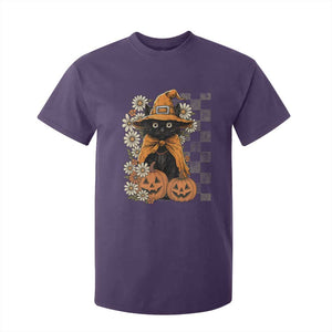 Boho Cat Wild Flowers T Shirt For Kid Vintage Autumn Cozy Black Cat Pumpkin Halloween TS10 Purple Print Your Wear