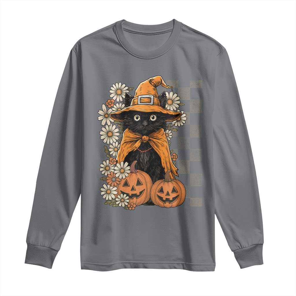 Boho Cat Wild Flowers Long Sleeve Shirt Vintage Autumn Cozy Black Cat Pumpkin Halloween TS10 Charcoal Print Your Wear
