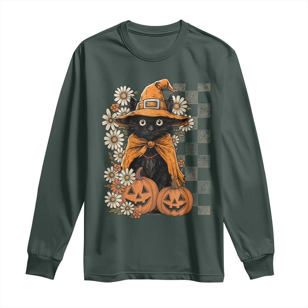 Boho Cat Wild Flowers Long Sleeve Shirt Vintage Autumn Cozy Black Cat Pumpkin Halloween TS10 Dark Forest Green Print Your Wear