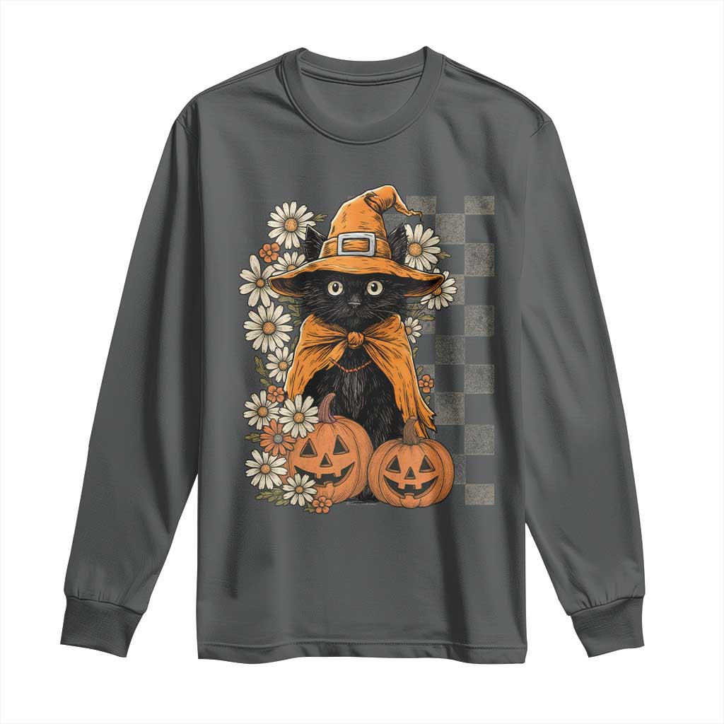 Boho Cat Wild Flowers Long Sleeve Shirt Vintage Autumn Cozy Black Cat Pumpkin Halloween TS10 Dark Heather Print Your Wear