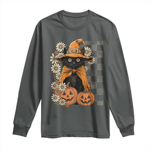 Boho Cat Wild Flowers Long Sleeve Shirt Vintage Autumn Cozy Black Cat Pumpkin Halloween TS10 Dark Heather Print Your Wear