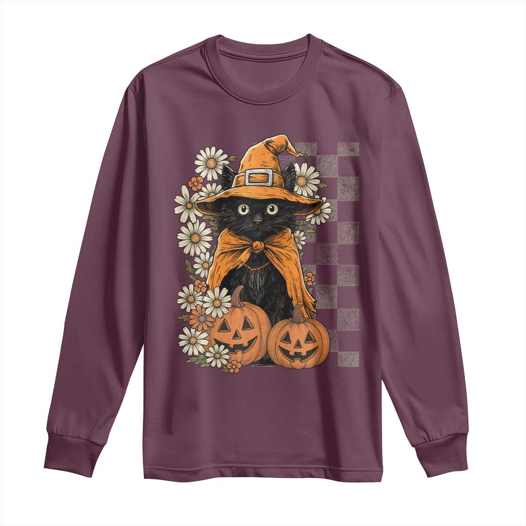 Boho Cat Wild Flowers Long Sleeve Shirt Vintage Autumn Cozy Black Cat Pumpkin Halloween TS10 Maroon Print Your Wear