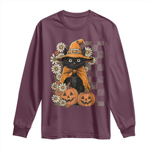 Boho Cat Wild Flowers Long Sleeve Shirt Vintage Autumn Cozy Black Cat Pumpkin Halloween TS10 Maroon Print Your Wear