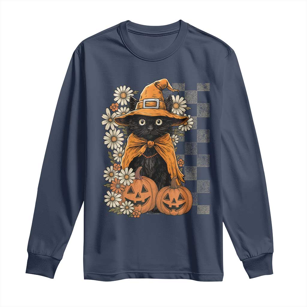 Boho Cat Wild Flowers Long Sleeve Shirt Vintage Autumn Cozy Black Cat Pumpkin Halloween TS10 Navy Print Your Wear