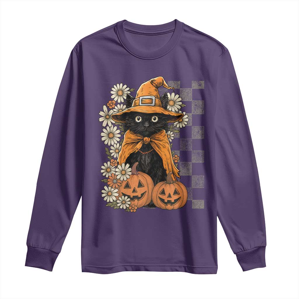 Boho Cat Wild Flowers Long Sleeve Shirt Vintage Autumn Cozy Black Cat Pumpkin Halloween TS10 Purple Print Your Wear