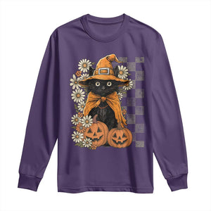 Boho Cat Wild Flowers Long Sleeve Shirt Vintage Autumn Cozy Black Cat Pumpkin Halloween TS10 Purple Print Your Wear