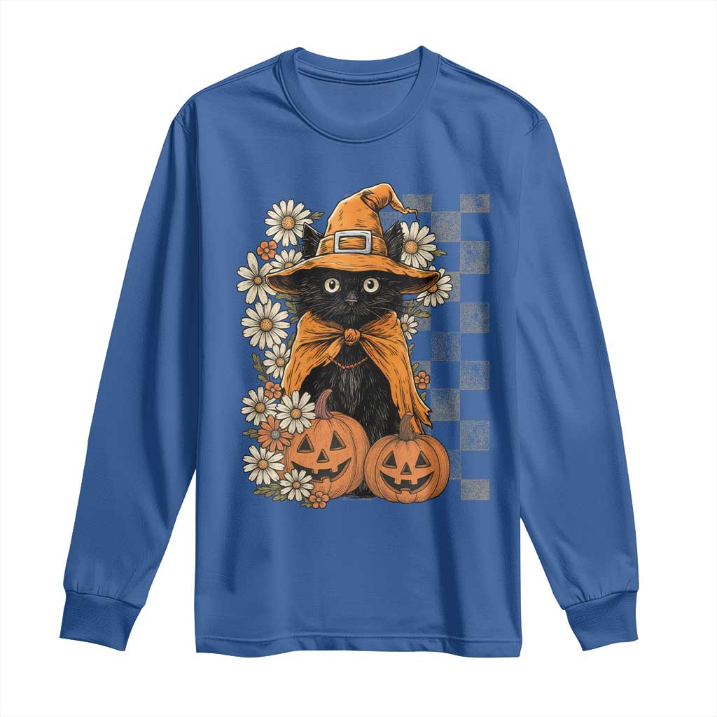 Boho Cat Wild Flowers Long Sleeve Shirt Vintage Autumn Cozy Black Cat Pumpkin Halloween TS10 Royal Blue Print Your Wear