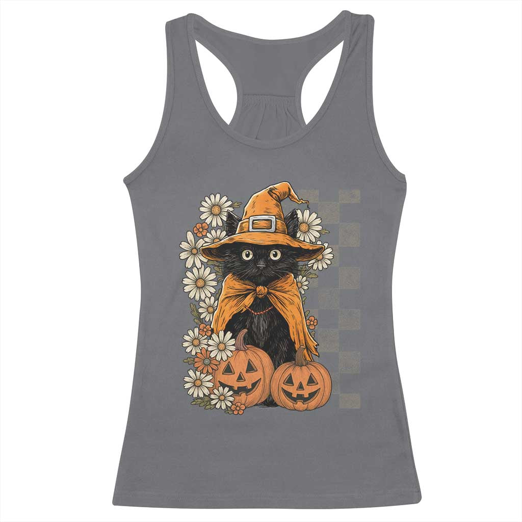 Boho Cat Wild Flowers Racerback Tank Top Vintage Autumn Cozy Black Cat Pumpkin Halloween TS10 Charcoal Print Your Wear