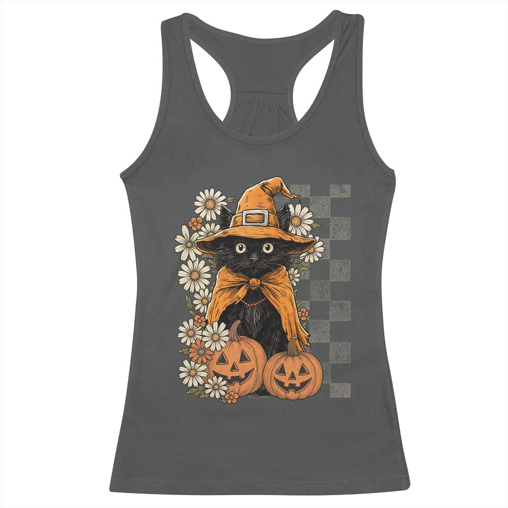 Boho Cat Wild Flowers Racerback Tank Top Vintage Autumn Cozy Black Cat Pumpkin Halloween TS10 Dark Heather Print Your Wear