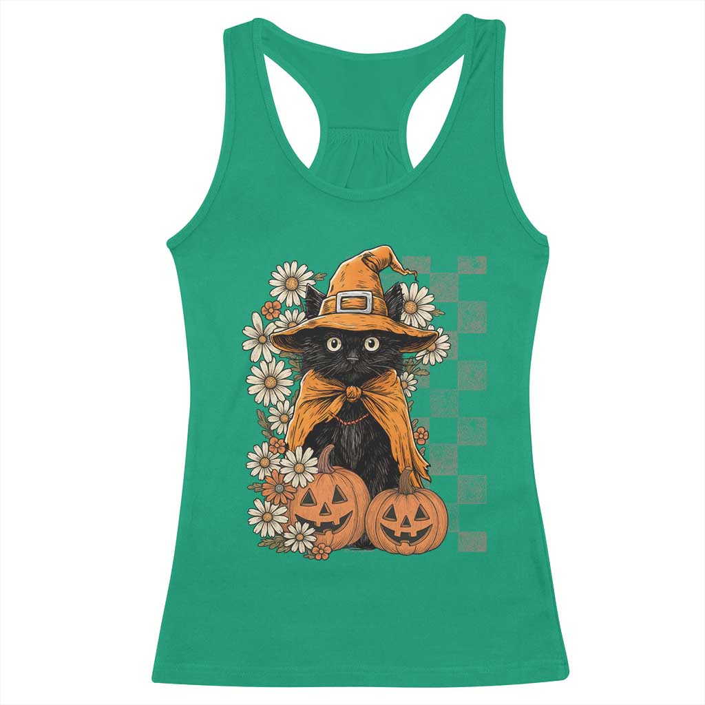 Boho Cat Wild Flowers Racerback Tank Top Vintage Autumn Cozy Black Cat Pumpkin Halloween TS10 Irish Green Print Your Wear