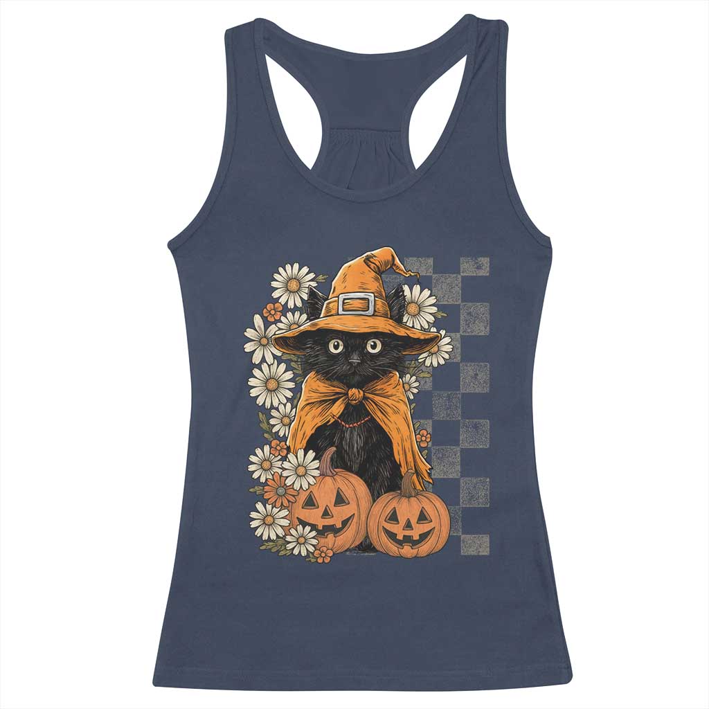 Boho Cat Wild Flowers Racerback Tank Top Vintage Autumn Cozy Black Cat Pumpkin Halloween TS10 Navy Print Your Wear