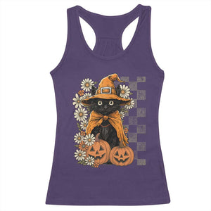 Boho Cat Wild Flowers Racerback Tank Top Vintage Autumn Cozy Black Cat Pumpkin Halloween TS10 Purple Print Your Wear