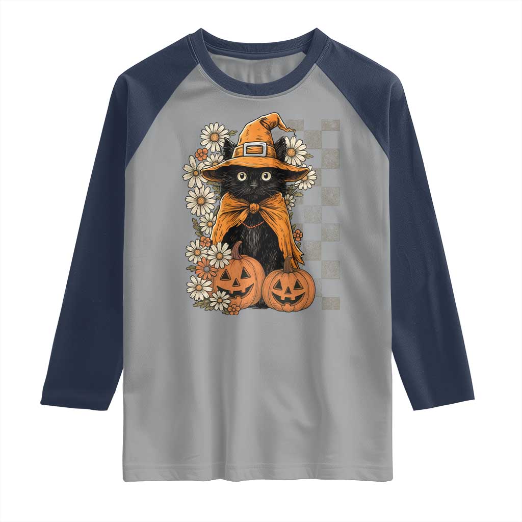 Boho Cat Wild Flowers Raglan Shirt Vintage Autumn Cozy Black Cat Pumpkin Halloween TS10 Sport Gray Navy Print Your Wear
