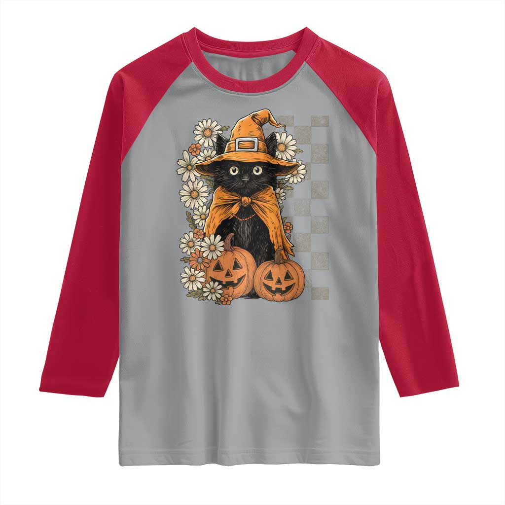 Boho Cat Wild Flowers Raglan Shirt Vintage Autumn Cozy Black Cat Pumpkin Halloween TS10 Sport Gray Red Print Your Wear