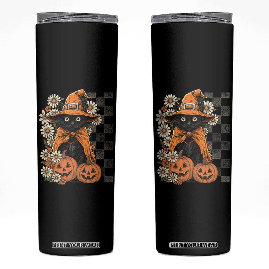 Boho Cat Wild Flowers Skinny Tumbler Vintage Autumn Cozy Black Cat Pumpkin Halloween TS10 Black Print Your Wear