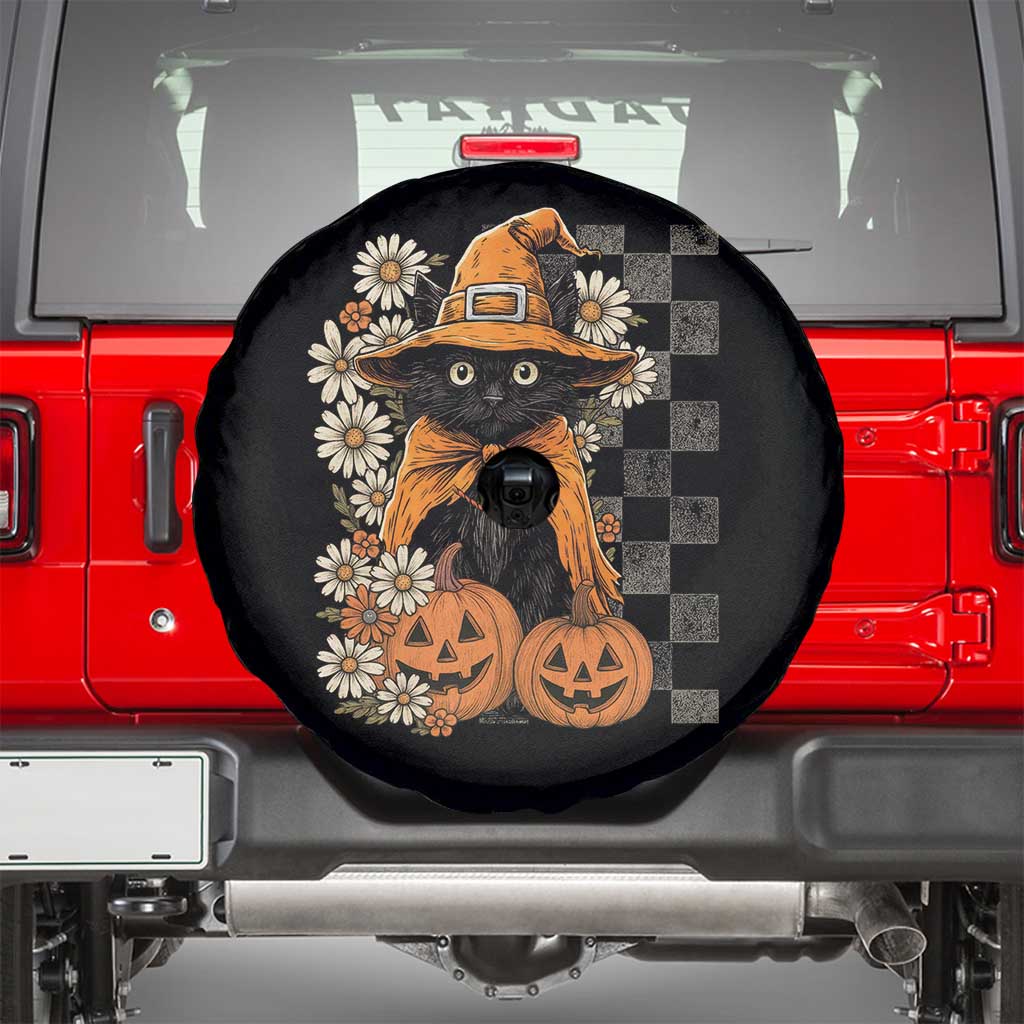 Boho Cat Wild Flowers Spare Tire Cover Vintage Autumn Cozy Black Cat Pumpkin Halloween TS10 Black Print Your Wear