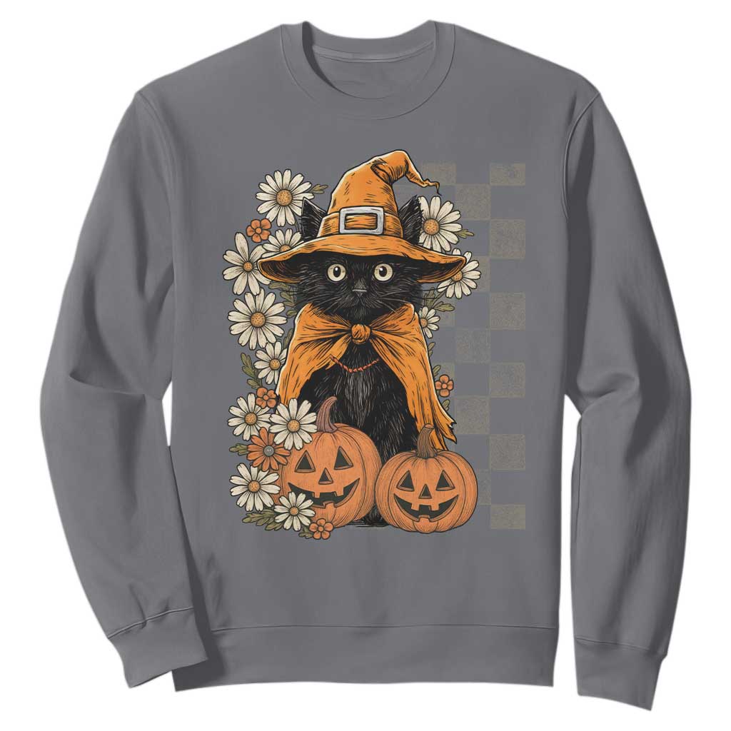 Boho Cat Wild Flowers Sweatshirt Vintage Autumn Cozy Black Cat Pumpkin Halloween TS10 Charcoal Print Your Wear