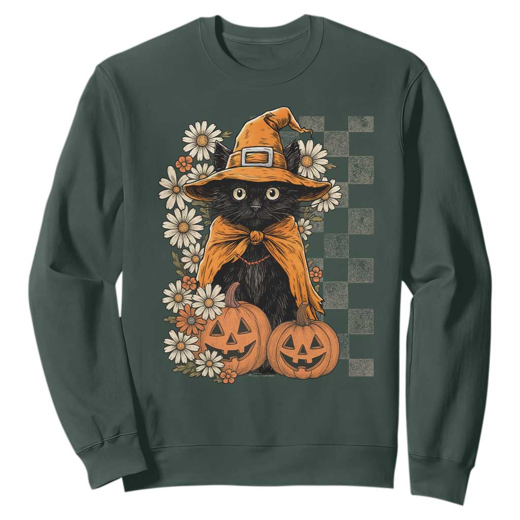Boho Cat Wild Flowers Sweatshirt Vintage Autumn Cozy Black Cat Pumpkin Halloween TS10 Dark Forest Green Print Your Wear
