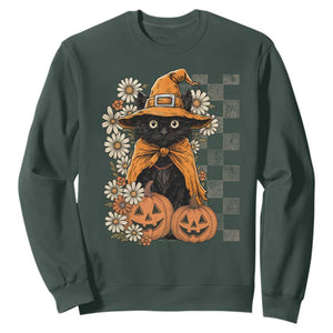 Boho Cat Wild Flowers Sweatshirt Vintage Autumn Cozy Black Cat Pumpkin Halloween TS10 Dark Forest Green Print Your Wear