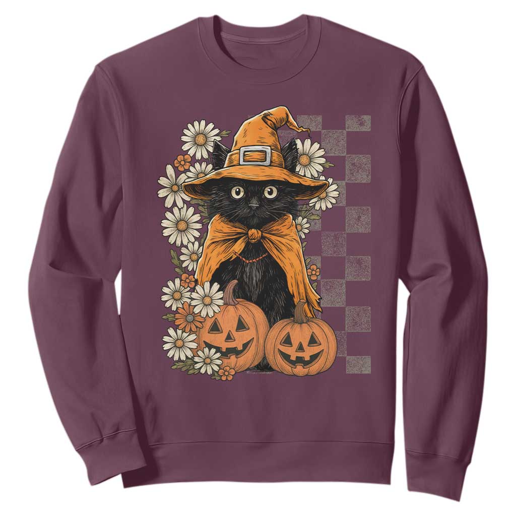 Boho Cat Wild Flowers Sweatshirt Vintage Autumn Cozy Black Cat Pumpkin Halloween TS10 Maroon Print Your Wear