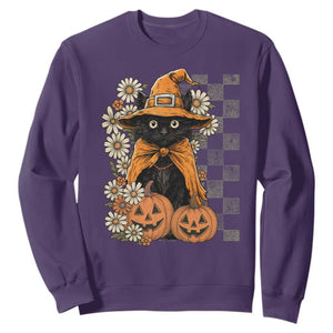 Boho Cat Wild Flowers Sweatshirt Vintage Autumn Cozy Black Cat Pumpkin Halloween TS10 Purple Print Your Wear