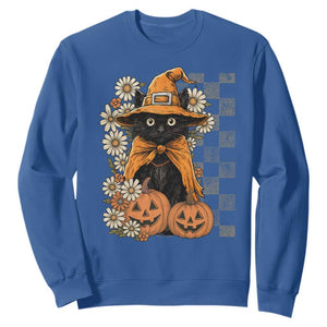 Boho Cat Wild Flowers Sweatshirt Vintage Autumn Cozy Black Cat Pumpkin Halloween TS10 Royal Blue Print Your Wear
