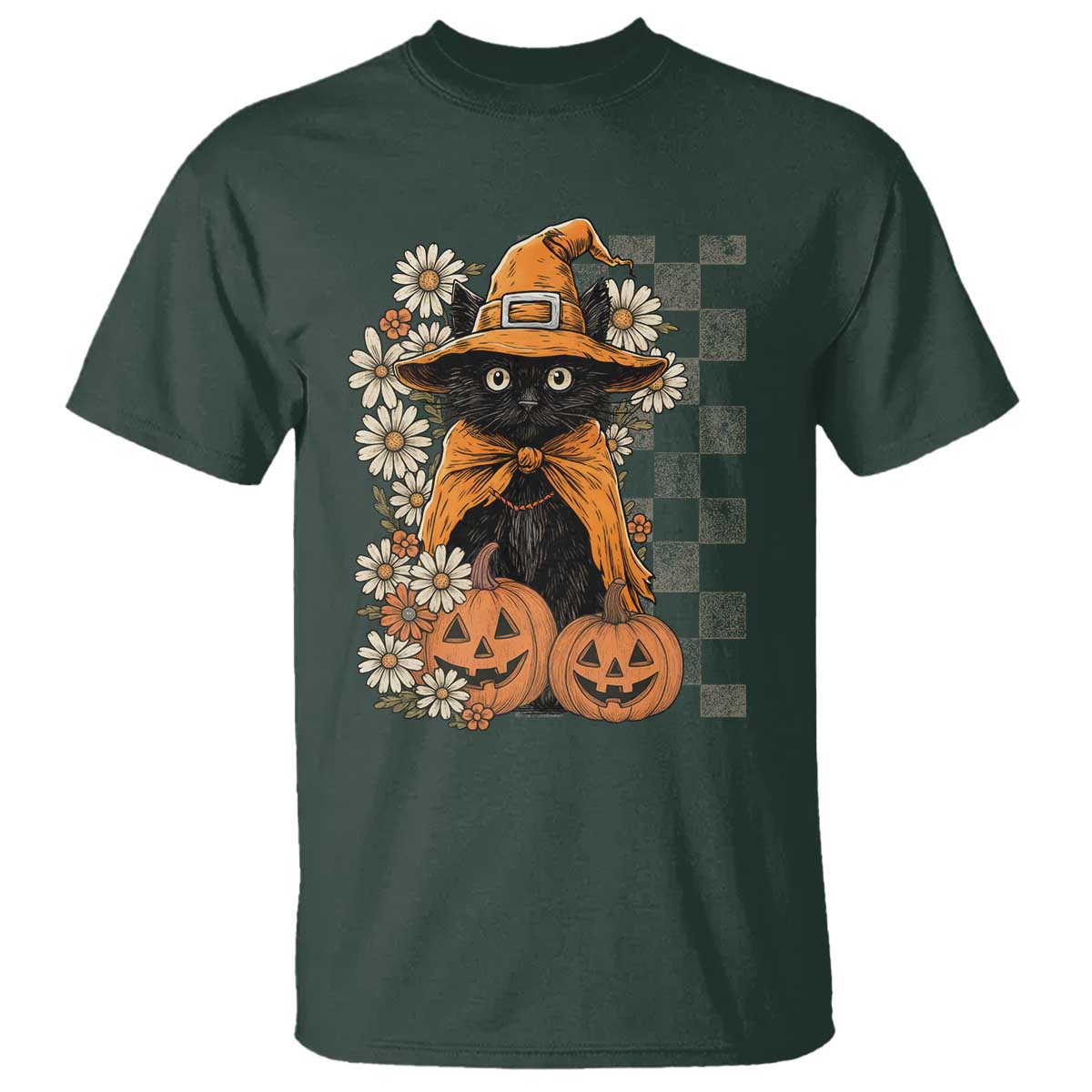 Boho Cat Wild Flowers T Shirt Vintage Autumn Cozy Black Cat Pumpkin Halloween TS10 Dark Forest Green Print Your Wear